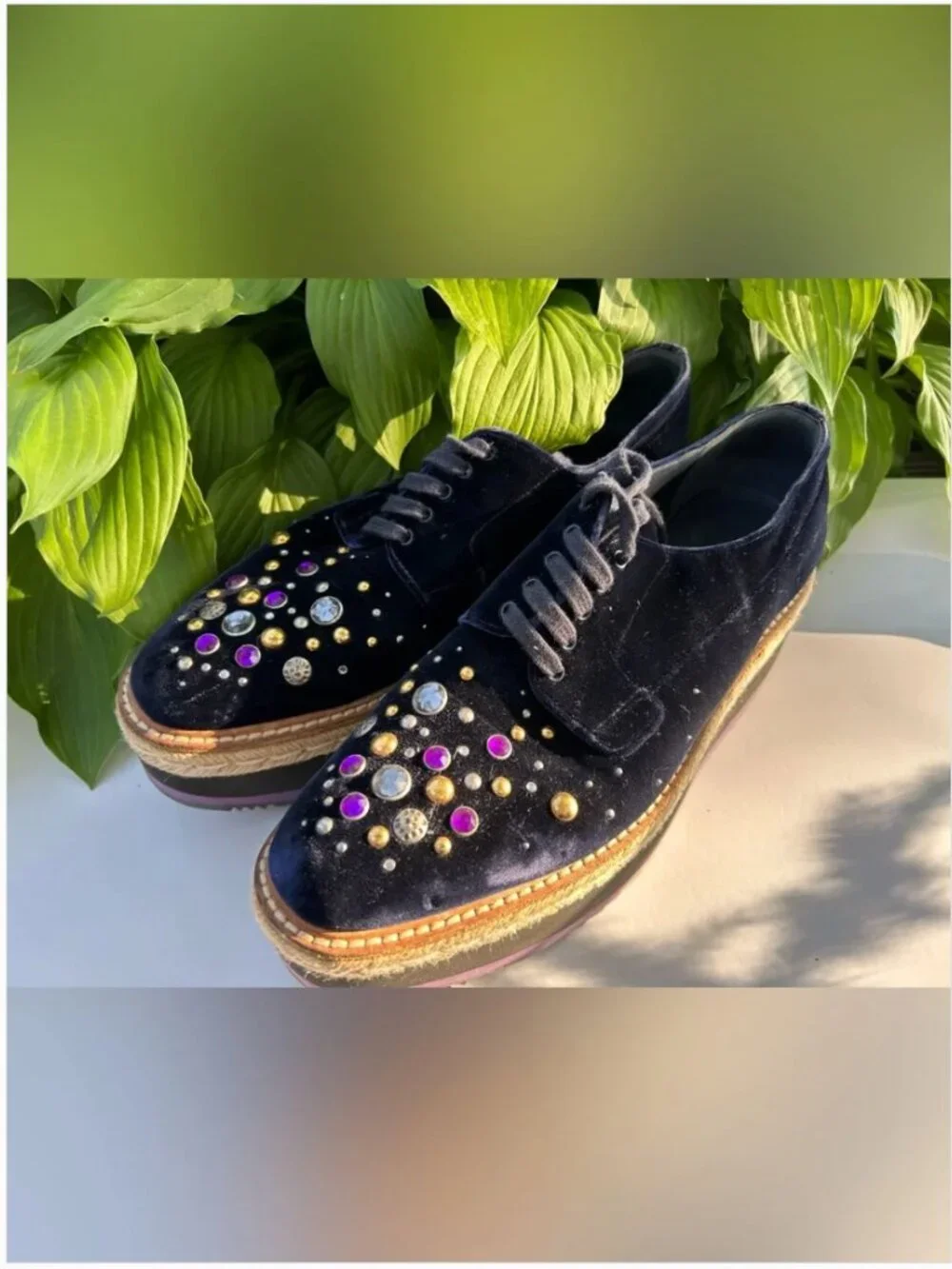PRADA Velvet Platform Oxford Espadrille Embellished Crystals Shoes Size 40